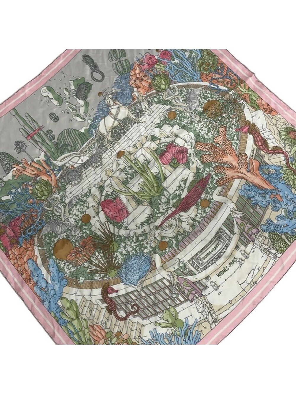 Hermes Scarf Carre 70 Pearl Gray Rose Pale Ciel Ex-Libris Atlantis